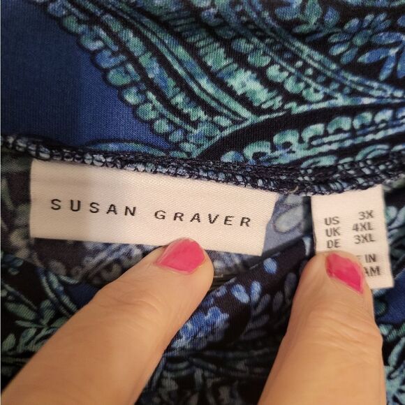 Susan Graver Liquid Knit Mock Collar Blue Green Tunic Blouse, Plus Size 3X - Picture 7 of 9